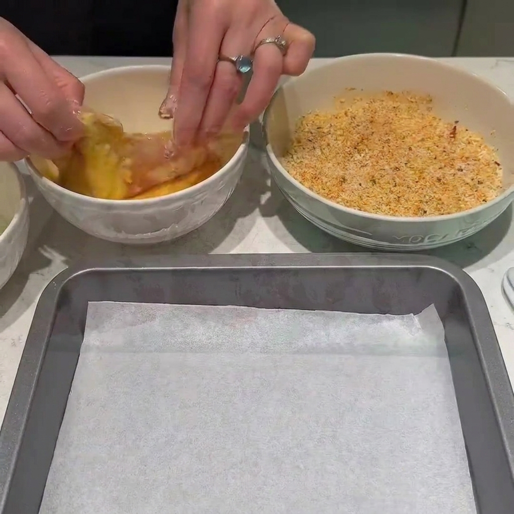 小麦粉を付けた鶏肉を溶き卵にくぐらせ、パン粉ミックスを押し付けている様子。