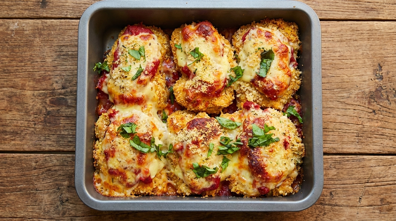 こんがりと焼けたチーズとトマトソースが食欲をそそる、パルメザンチキンのオーブン焼き。