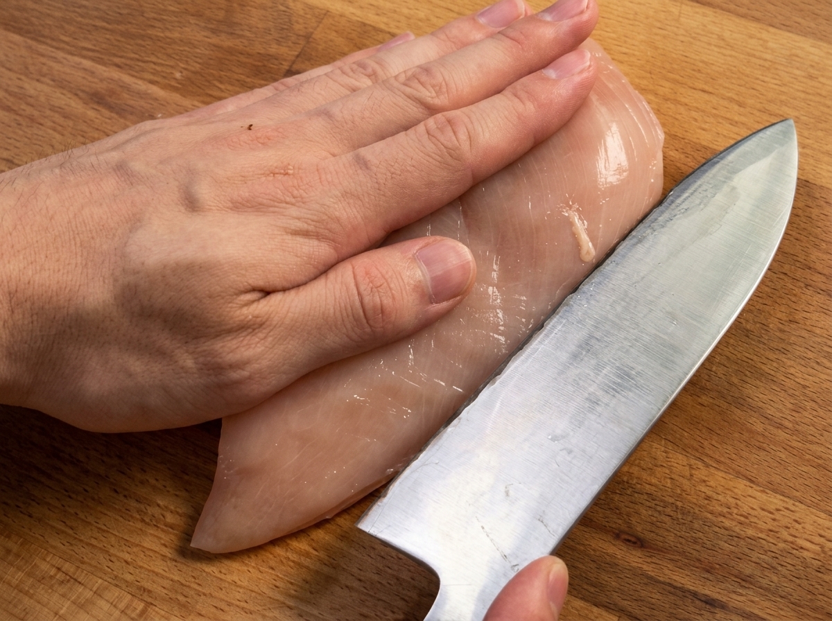 まな板の上で、シェフナイフを使って鶏胸肉を水平にスライスしようとしている手。