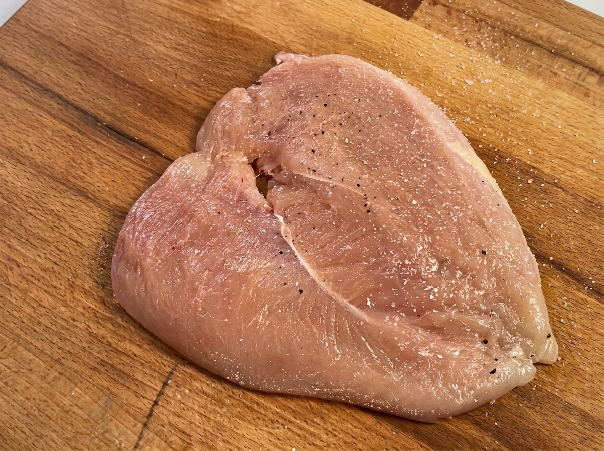 木製のまな板の上で、鶏胸肉に塩と粗挽き黒胡椒を振っている様子。