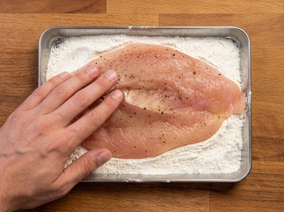調味した小麦粉のトレイに鶏胸肉を押し当てている様子。