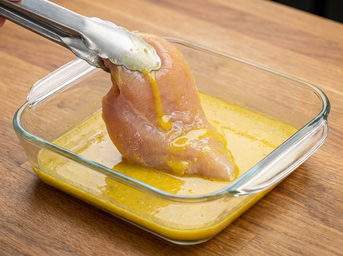 トングで溶き卵のトレイから鶏胸肉を持ち上げている様子。