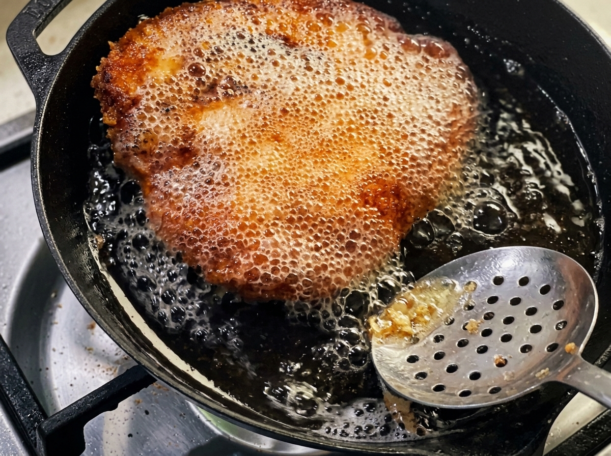 スプーンで揚げている鶏胸肉に熱い油を回しかけている様子。