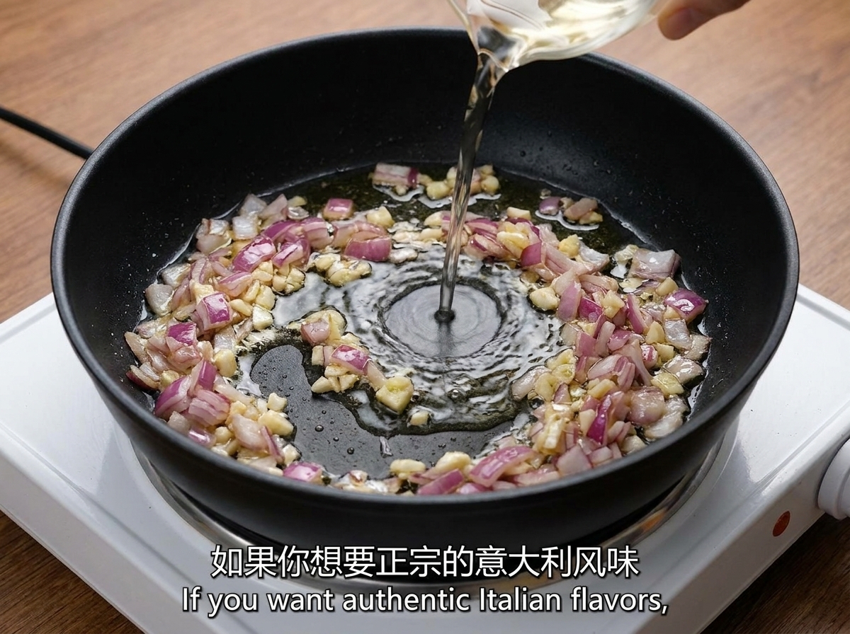 炒めた野菜が入ったフライパンにチキンストックを注いでいる様子。