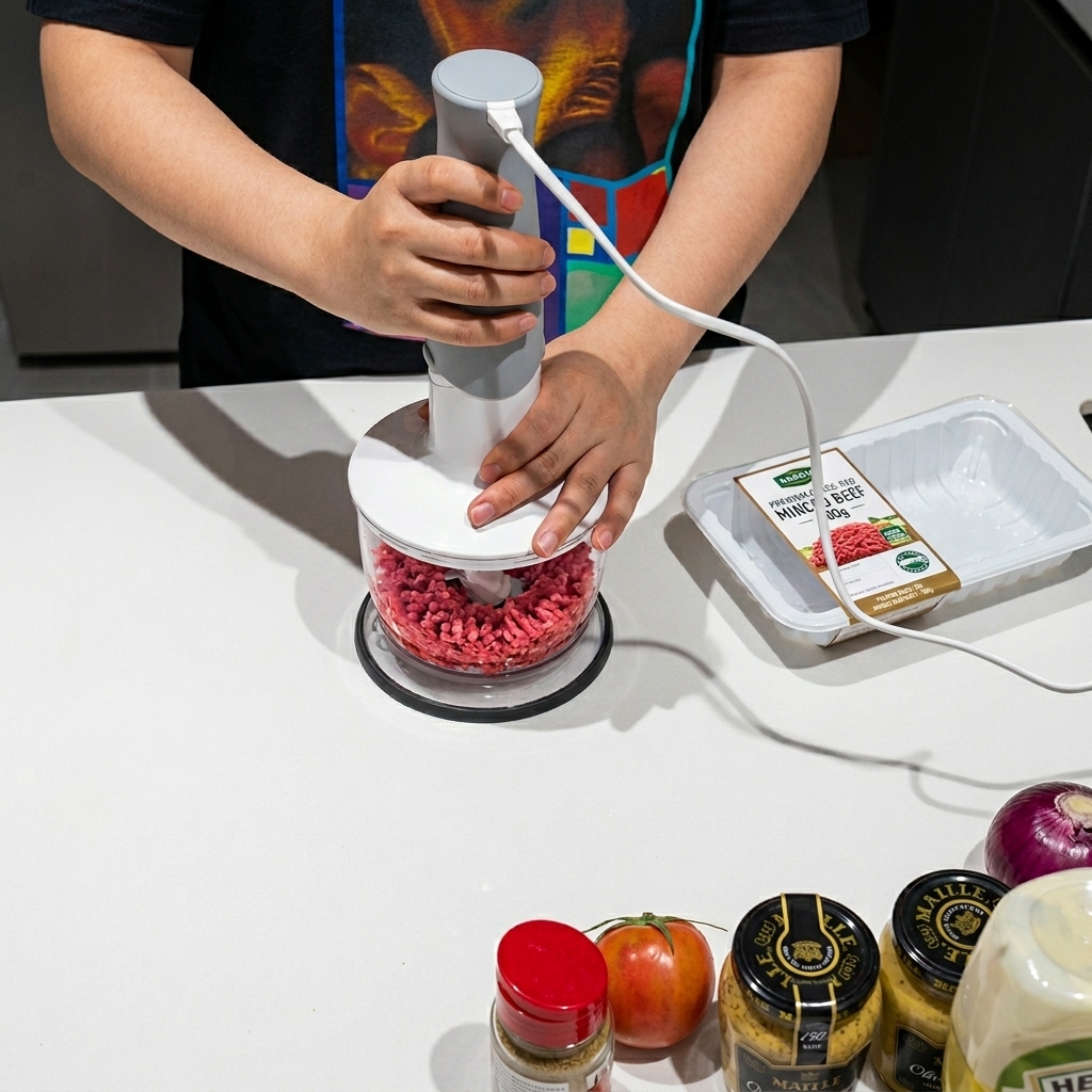 清潔なキッチンで電動ミートグラインダーを使って新鮮な生の牛肉を加工している様子。