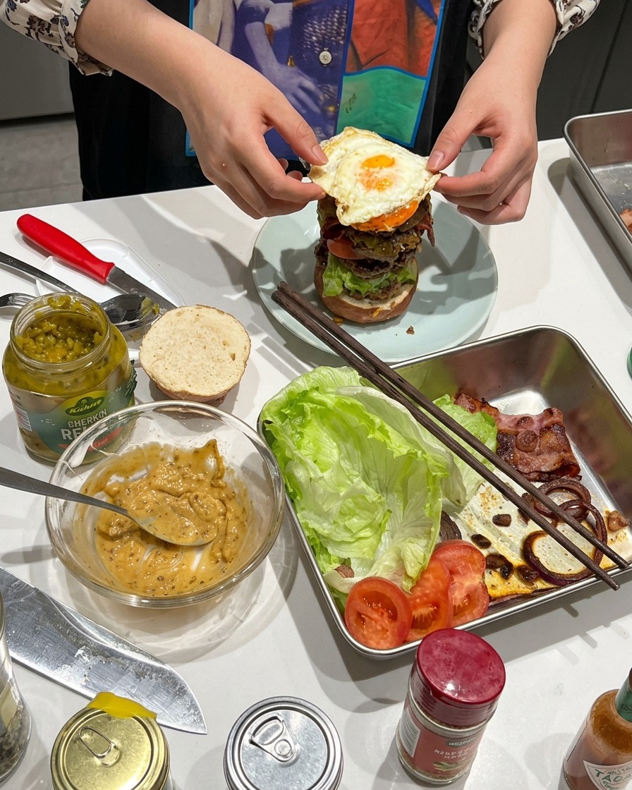 焼きたての目玉焼きをバーガーの上に乗せている様子。
