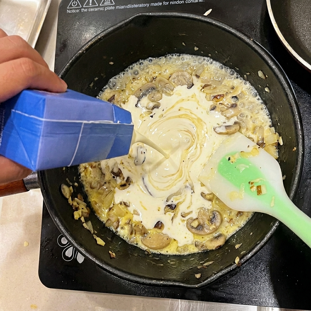 炒めたキノコと玉ねぎの入った鍋に、生クリームを注いでいる様子。