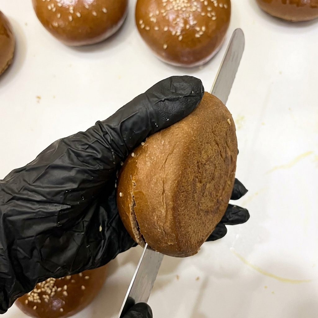 焼き上がったココアバーガーバンズを、波刃包丁で水平に半分に切っている様子。