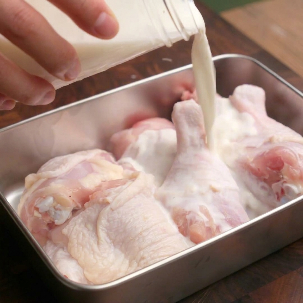 ステンレスのバットに並べた骨付き鶏もも肉に、ガラス瓶からミルクマリネ液を注ぎかけている様子。