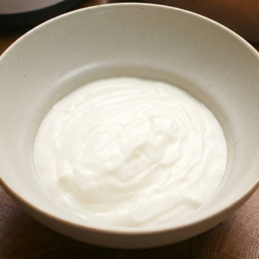 すりおろした玉ねぎが入ったボウルに、濃厚なプレーンヨーグルトを加えている様子。