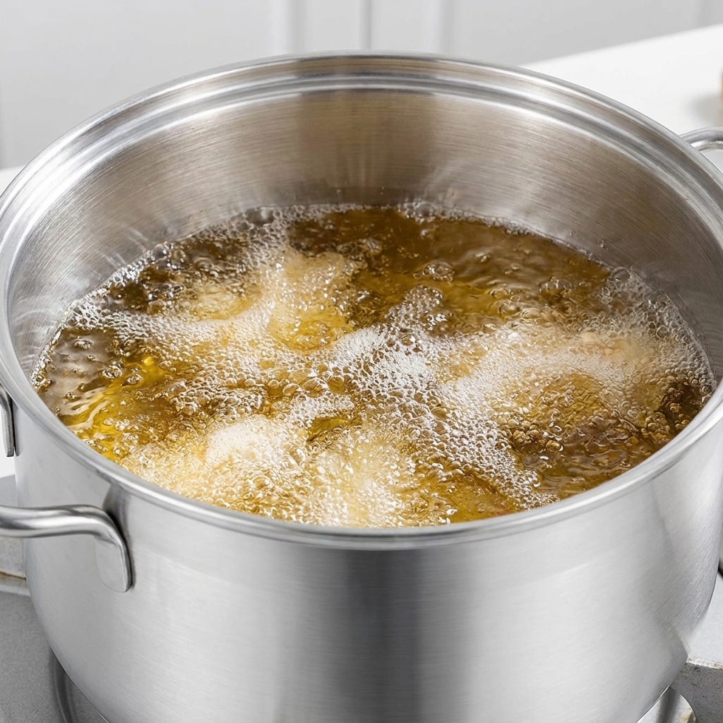 熱した油の中で、衣をまとった鶏もも肉がきつね色にカラッと揚がっている様子。