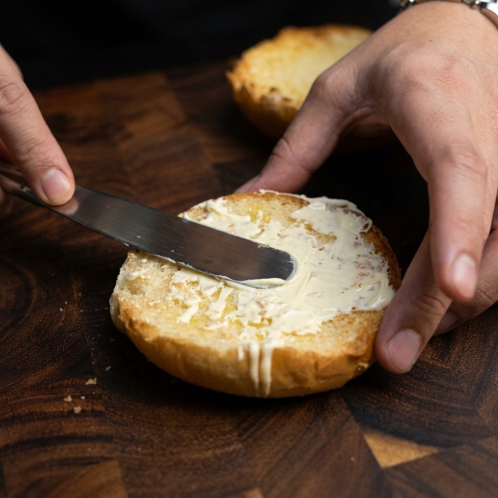 バンズの上に揚げたてのサクサクチキンを乗せ、さらにチーズを1枚トッピングしている様子。
