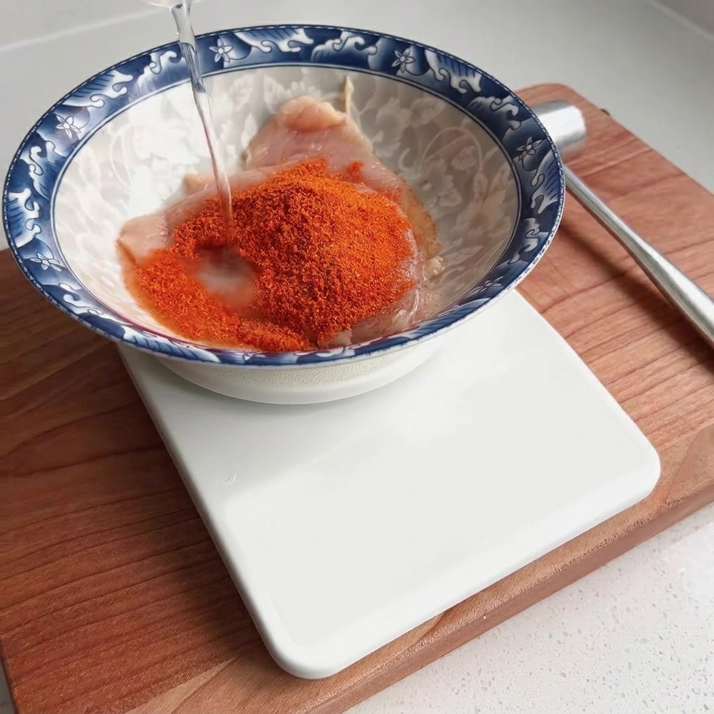 味付けされた鶏むね肉の入ったボウルに水を注いでいる様子。