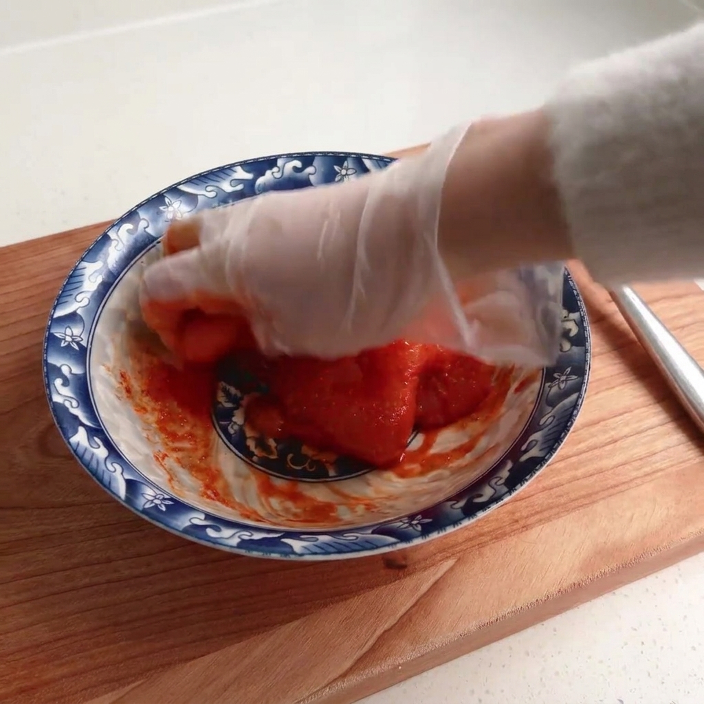 手袋をした手で鶏肉とマリネ液を揉み込んでいる様子。