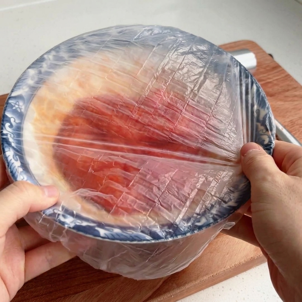 マリネ液に浸かった鶏肉の入ったボウルにラップをかけている様子。