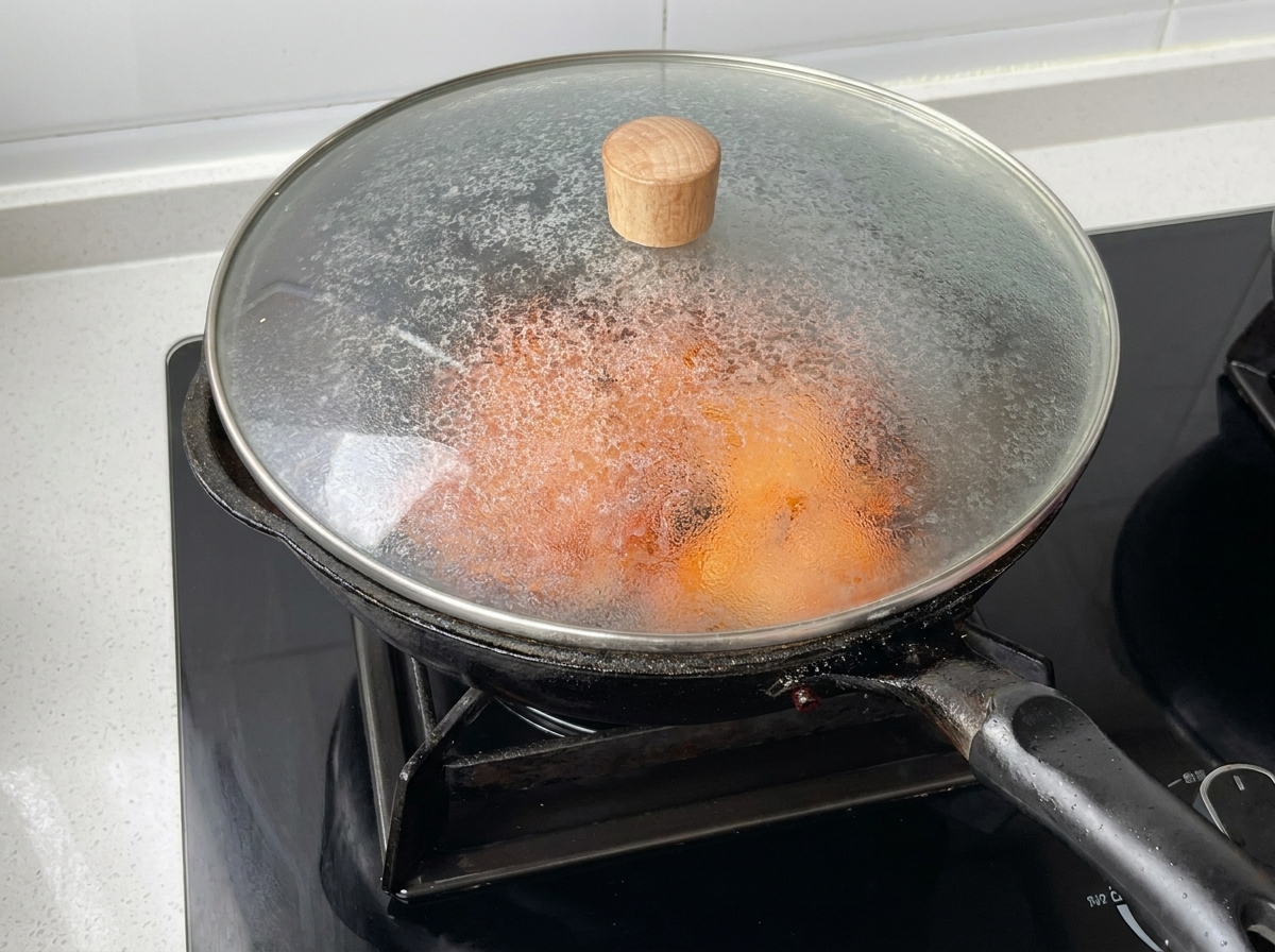 蓋をしたフライパンの中でチキンが焼けている様子。