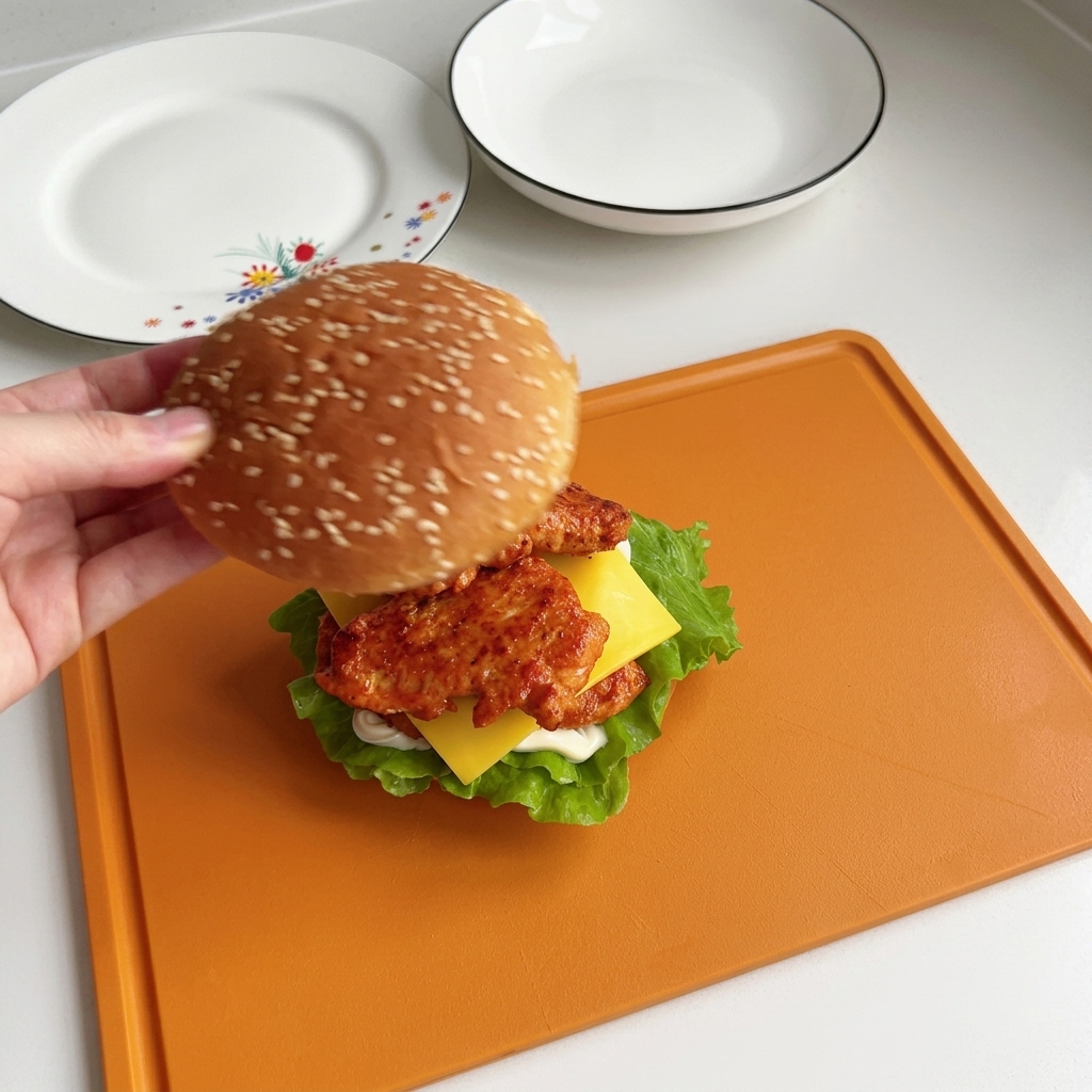 菜箸でチキンを裏返し、こんがりと焼き色がついた表面を見せている様子。