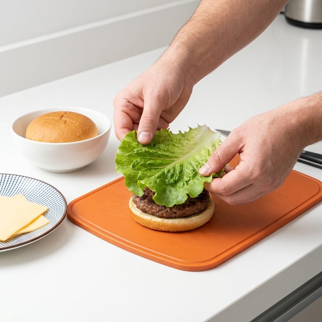 トーストしたバンズの上に新鮮なレタスを載せている様子。
