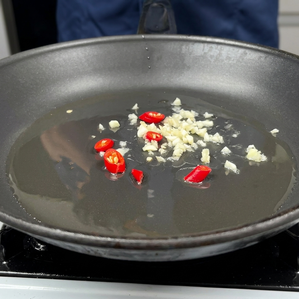 にんにく、玉ねぎ、唐辛子を油で炒めているフライパン。