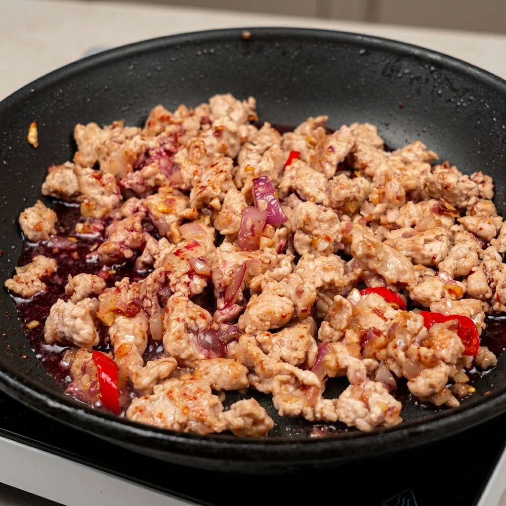 豚肉を炒めたフライパンに赤ワインを注ぐ様子。