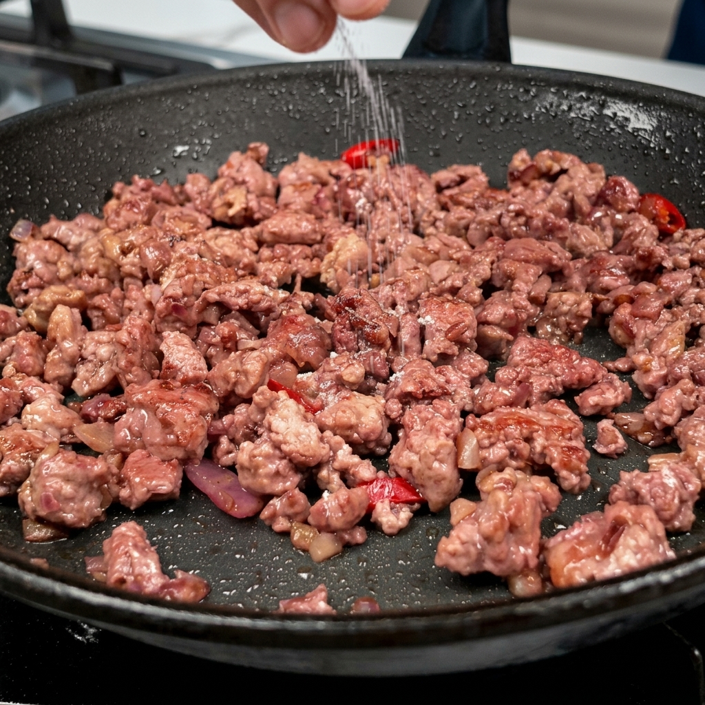 フライパンで調理中の豚肉に海塩とブラックペッパーを挽き入れる様子。