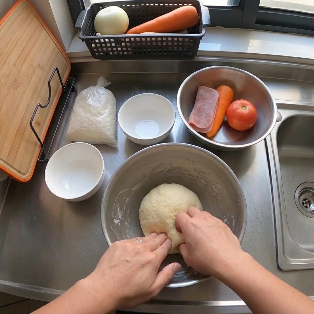 ソースを塗ったピザ生地にシュレッドチーズと調理した豚ひき肉をのせる様子。