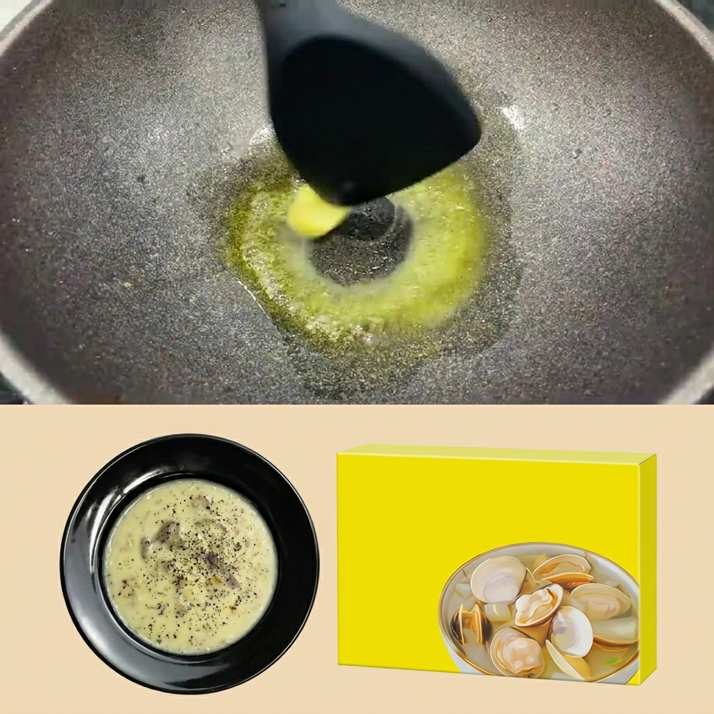 フライパンでバターを溶かし、玉ねぎとにんにくを炒めている様子。