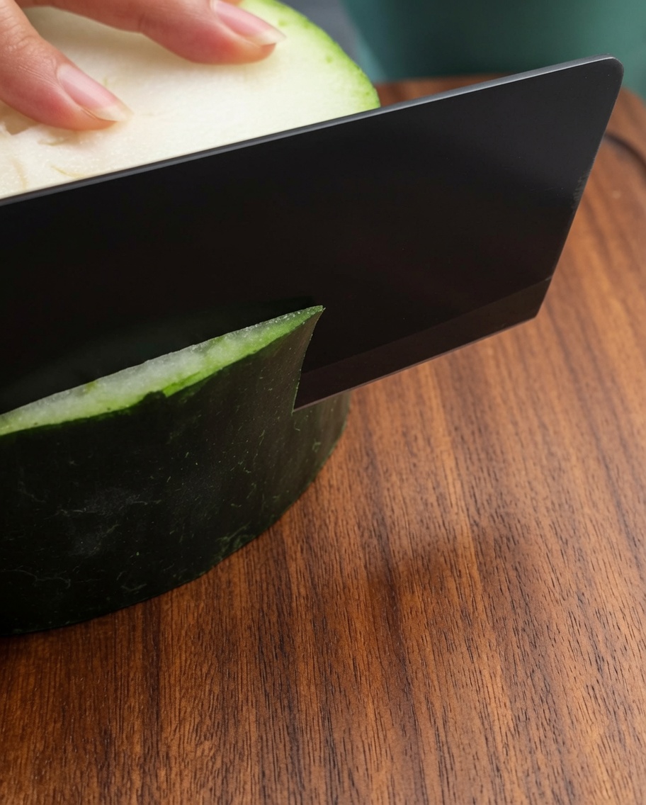 黒いシェフナイフで、木製のまな板の上で新鮮な冬瓜をスライスしている様子。