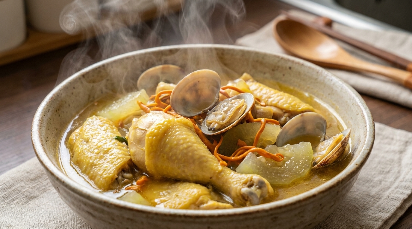 旨味あふれるアサリと冬瓜の鶏肉煮込み