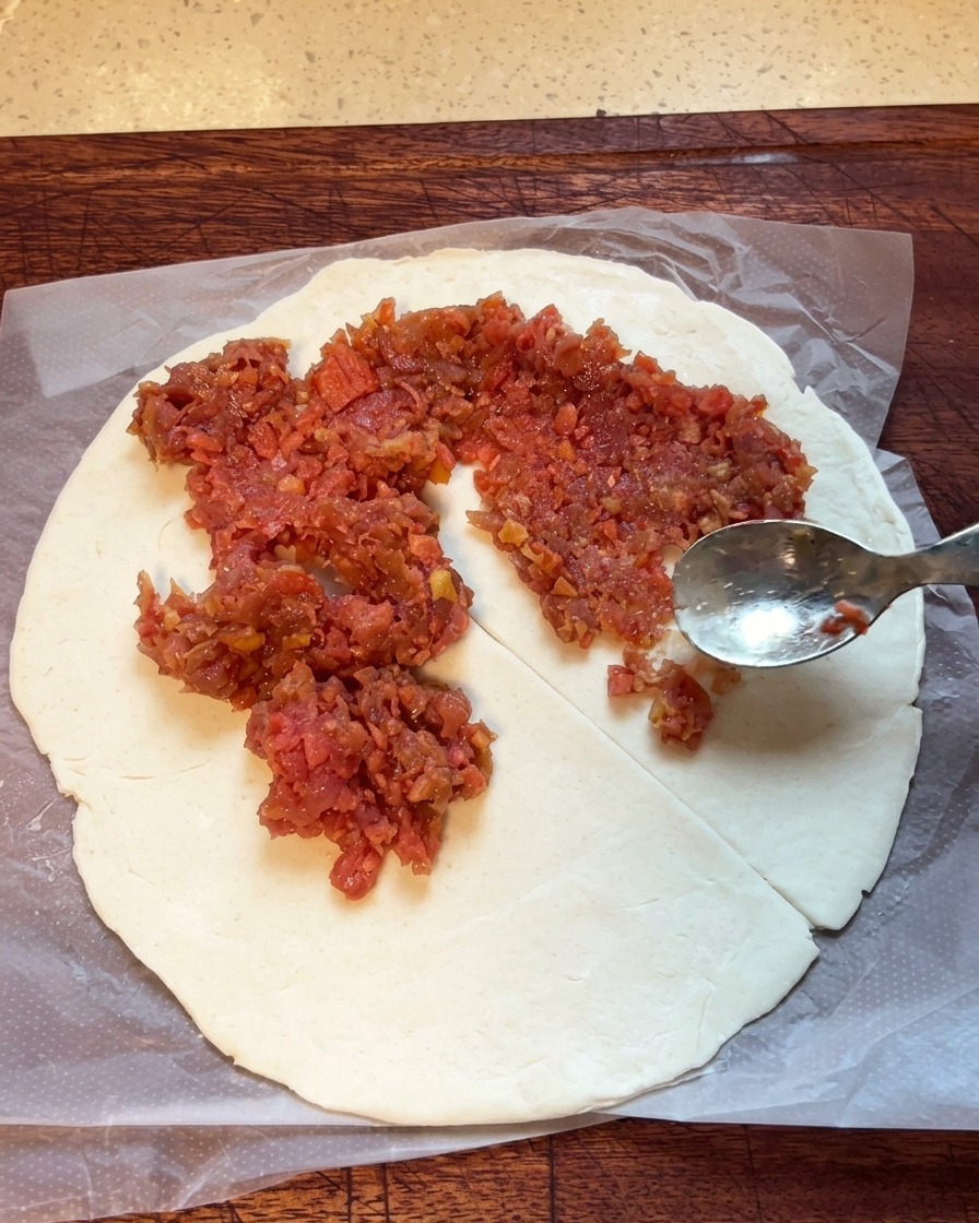 スプーンを使って、葱油餅の表面に肉餡を塗り広げている様子。