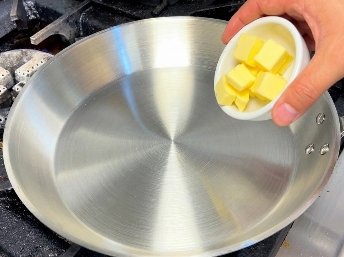 ステンレスパンで溶けて泡立ち始めたバター。