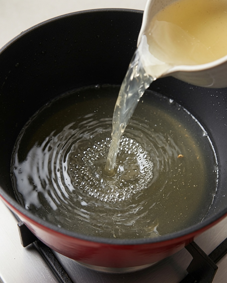 赤縁の鍋で鶏肉入りのスープが沸騰している様子。