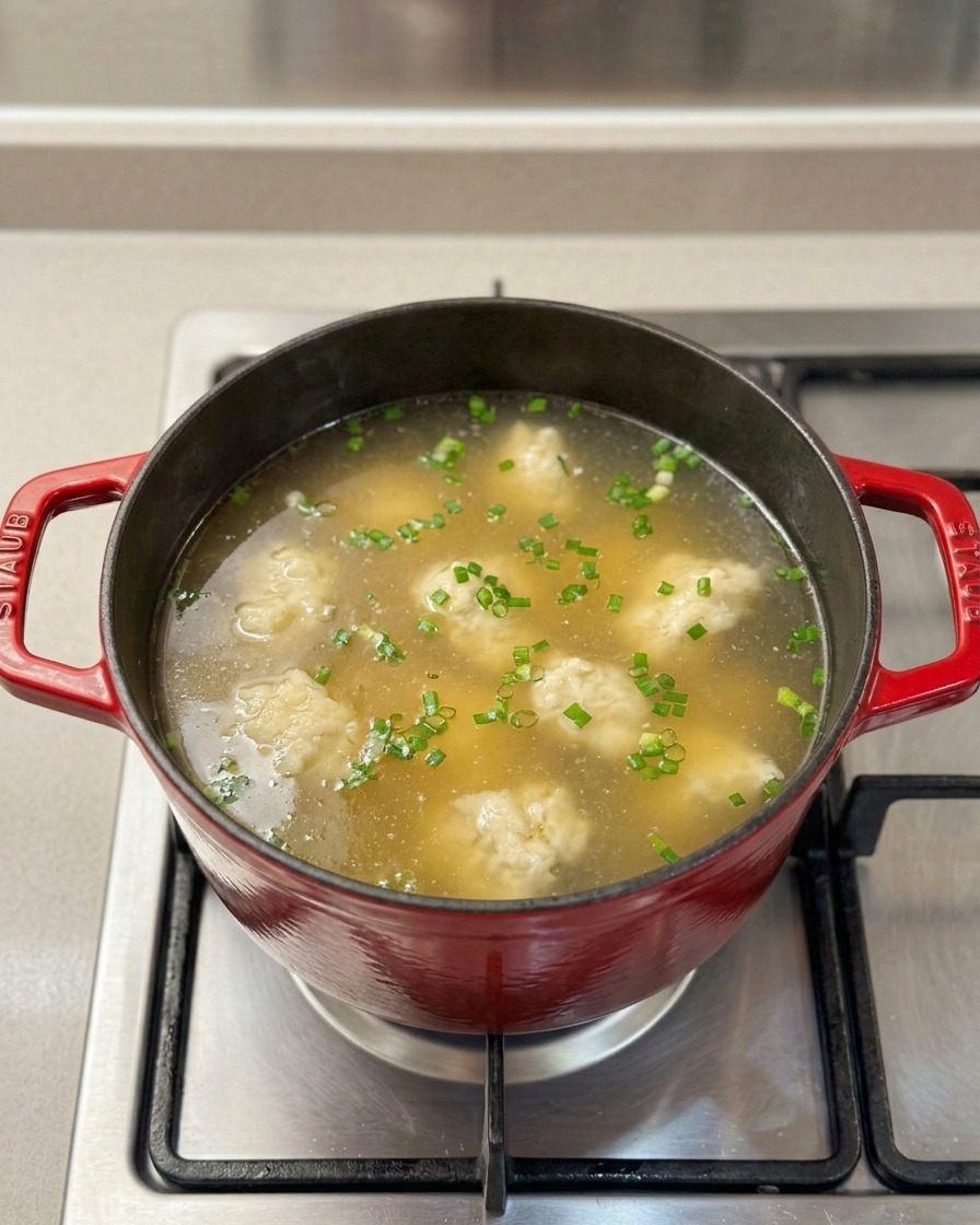 作ったすいとんを沸騰した鶏ガラスープに加えている様子。