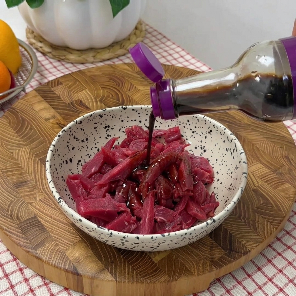 ボウルに入れた牛肉に、醤油、黒胡椒、油で味付けをしている様子。