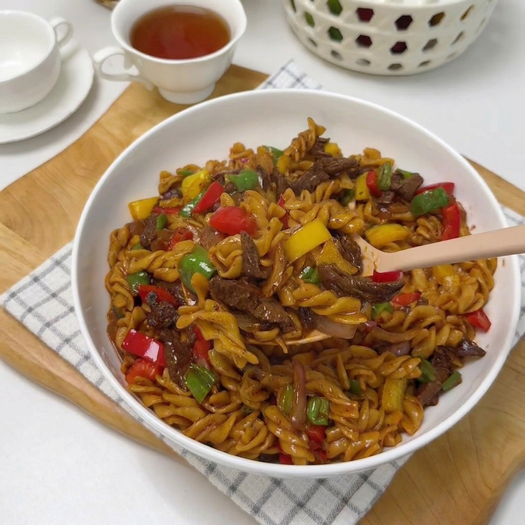 焼き色がついた牛肉に、刻んだ赤玉ねぎを加えて混ぜ合わせている様子。