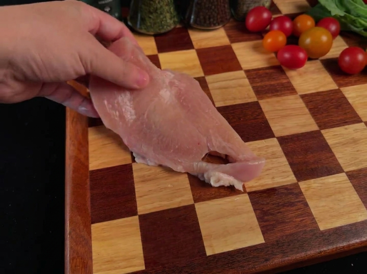まな板の上に並べられた、叩いて薄く広げられた鶏むね肉。