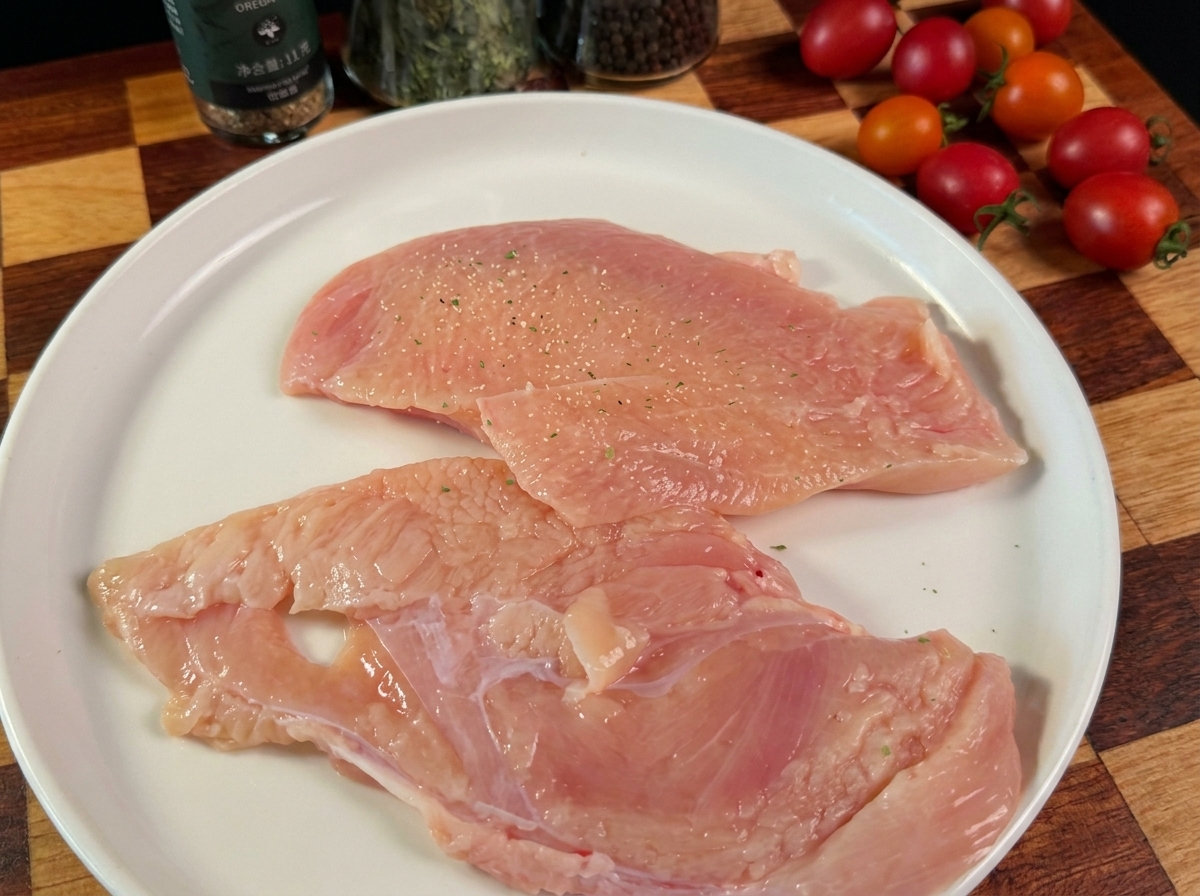 お皿の上に置かれた、下味を付けた生の鶏むね肉。