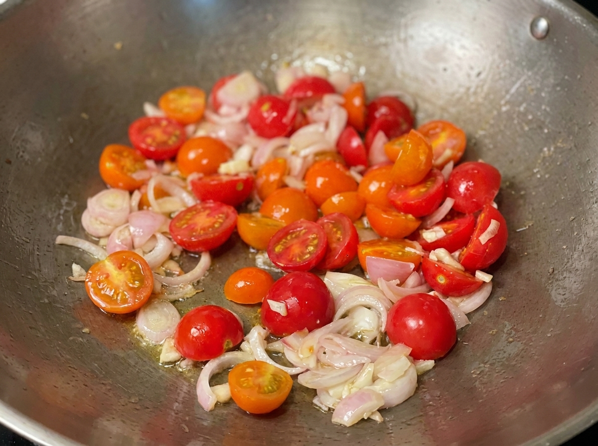 ハーブと香味野菜が混ざり、とろみが付いてきたトマトソース。