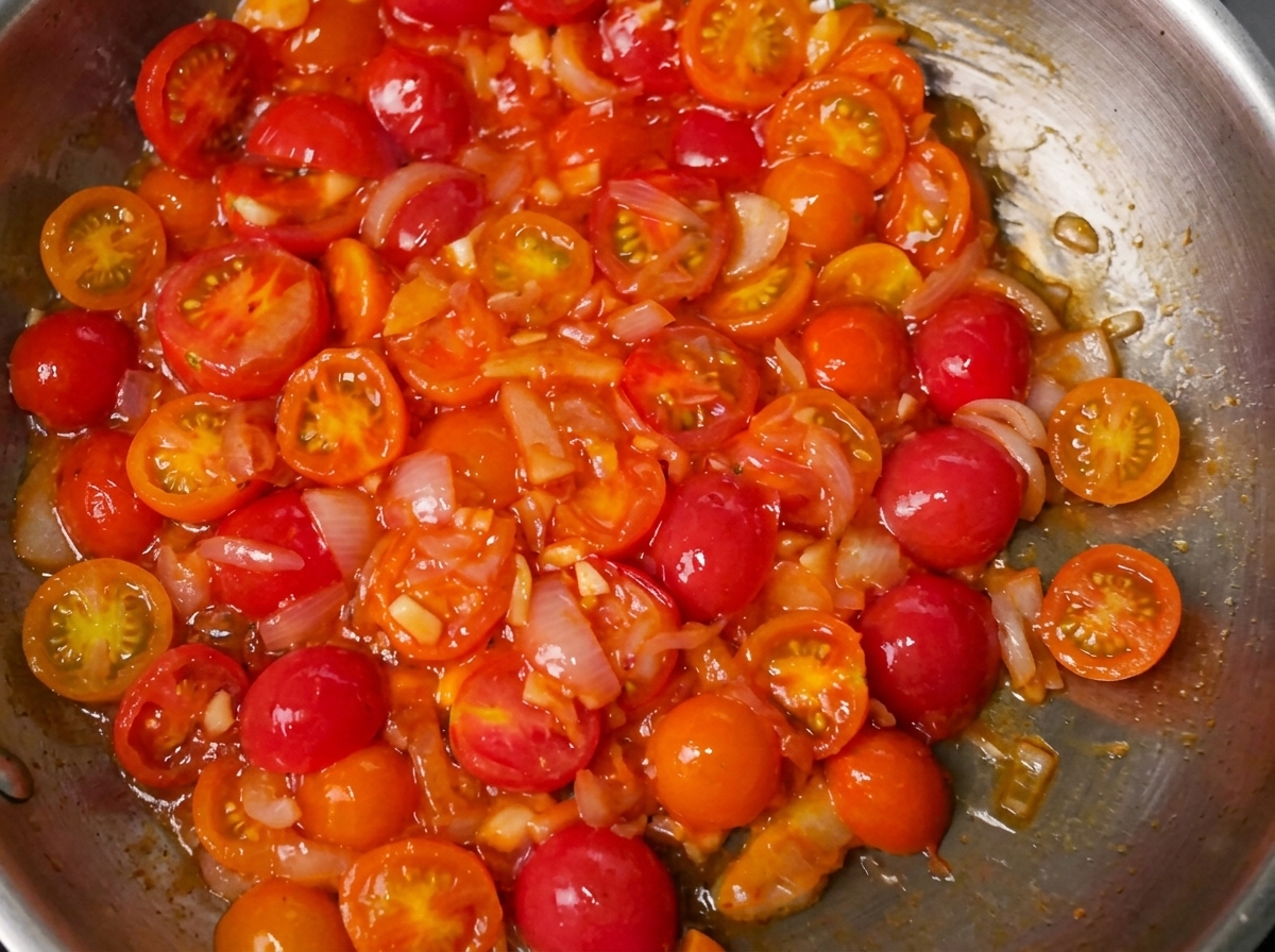 スパイスとハーブを加えて煮込まれているトマトソース。