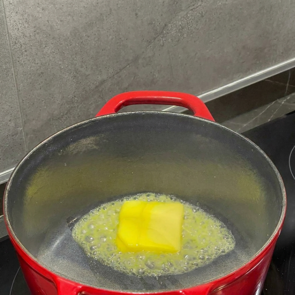 鍋の中で溶けたバターに小麦粉を加え、ホイッパーで混ぜてなめらかなペースト状にしている様子。