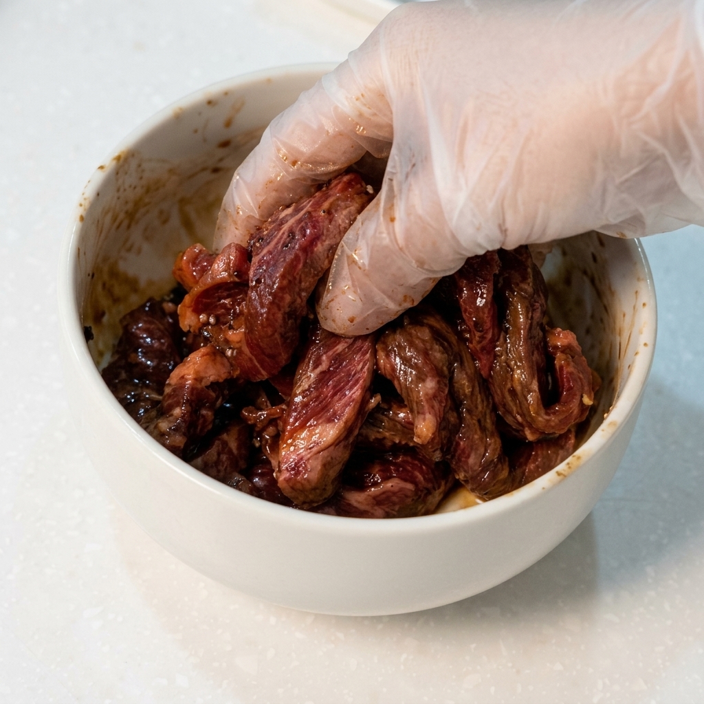 手袋をした手で下味をつけた肉を揉み込んでいる様子