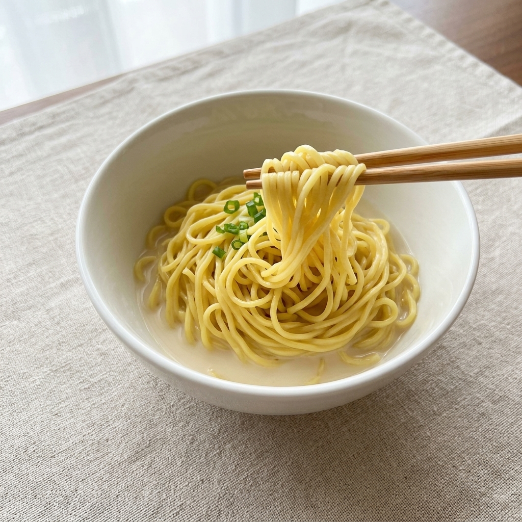 器に入れた麺に熱々のスープを注いでいる様子。