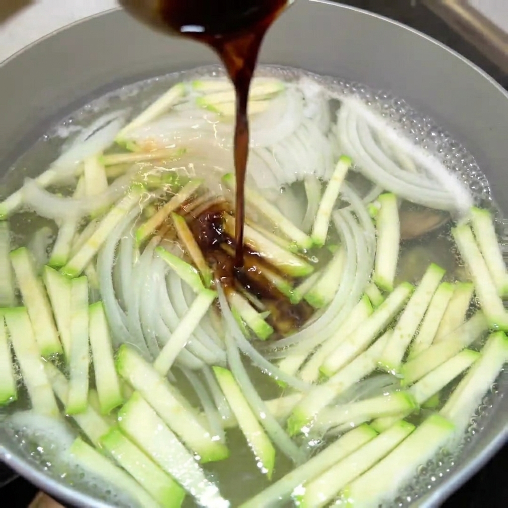 煮込んでいる野菜スープの鍋に注がれる醤油や調味料。