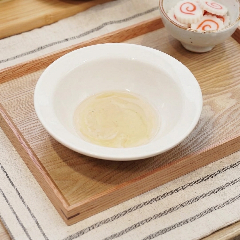 木製のトレイに置かれた、薄い色の合わせ調味料が入った白い小鉢。