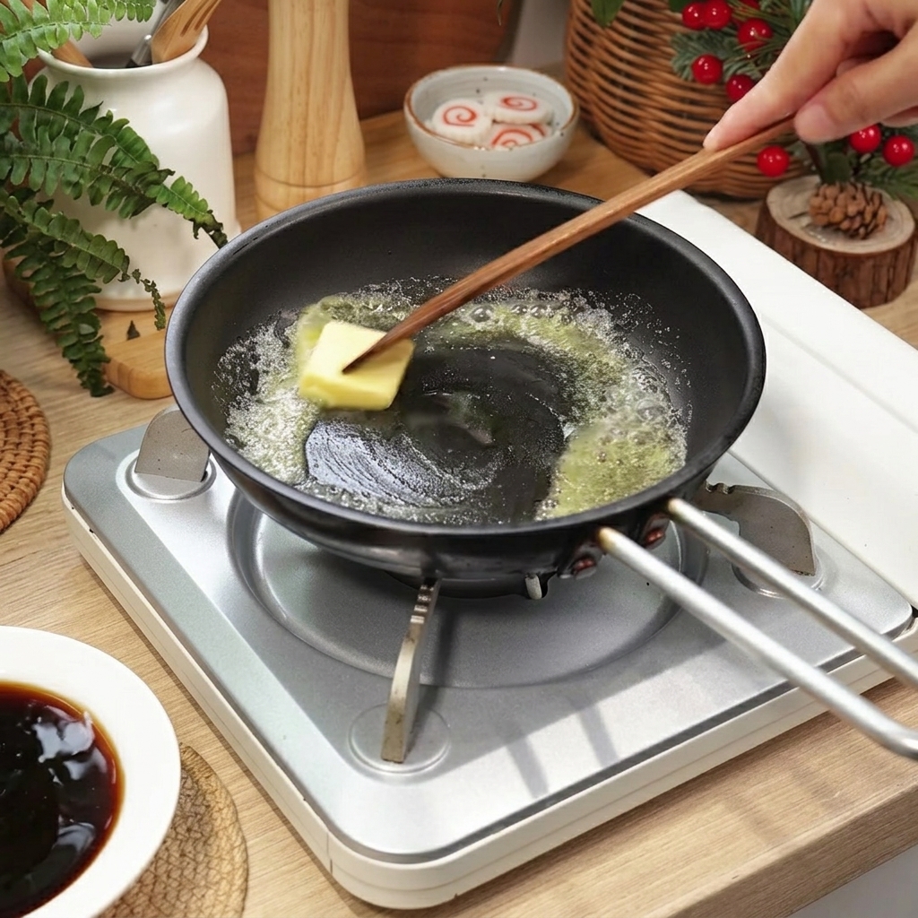 溶かしたバターと少量のタレで薄切り牛肉を炒めているフライパン。
