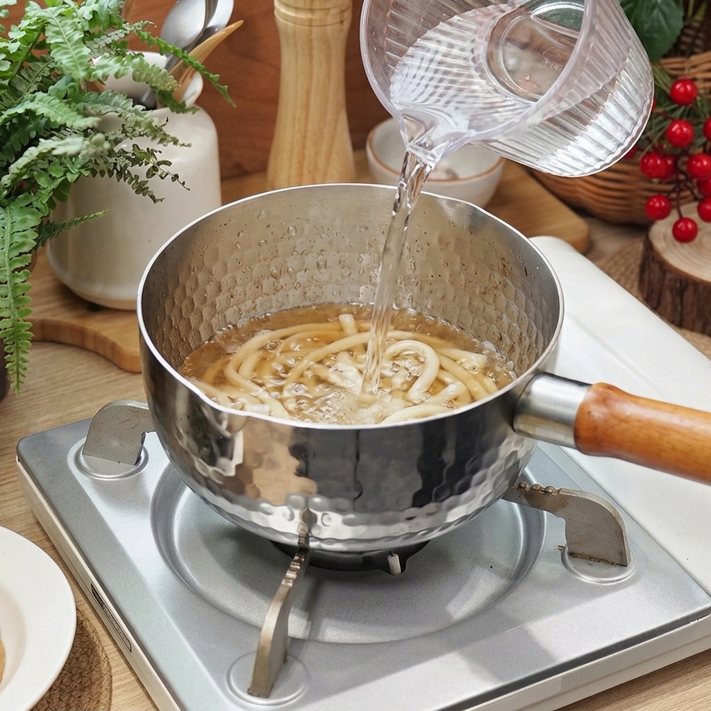 うどんが入った熱い鍋に、ピッチャーから透き通った水を注いでいる様子。
