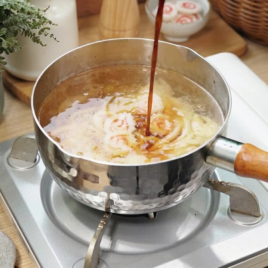 うどんとなると巻きが煮立っている鍋に、濃い色のすき焼きのタレを注ぎ入れている様子。