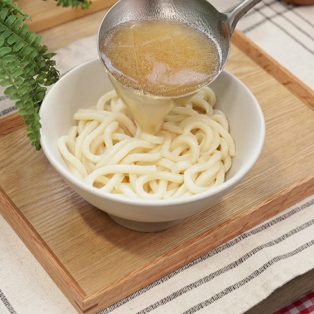 おたまで熱いスープとうどんを白い陶器の丼によそっている様子。
