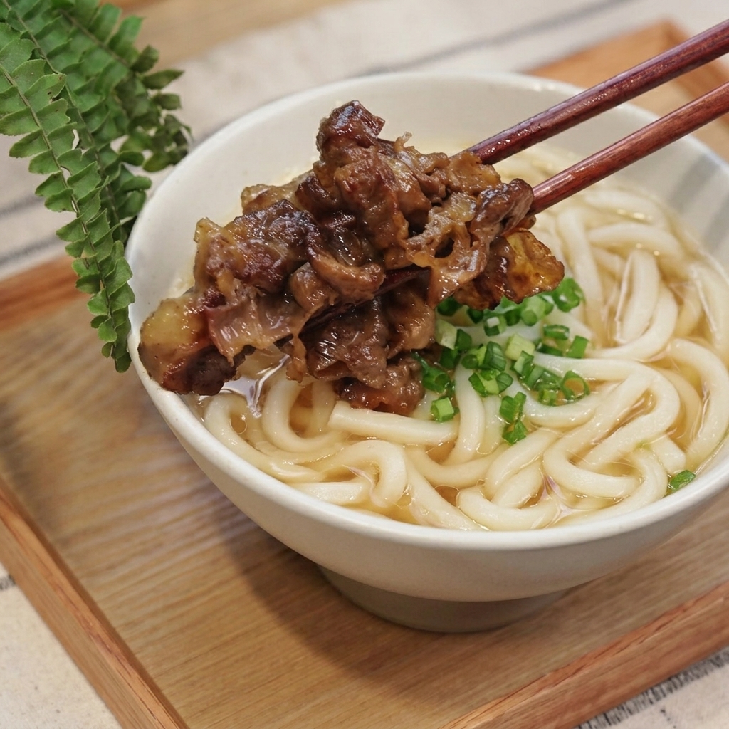 キャラメリゼした牛肉と刻みネギをのせたうどんの丼を上から見た様子。