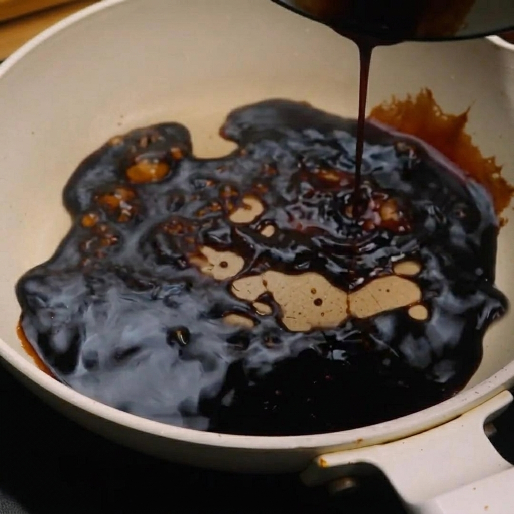 フライパンに照り焼きソースの材料を入れて混ぜ合わせている様子。